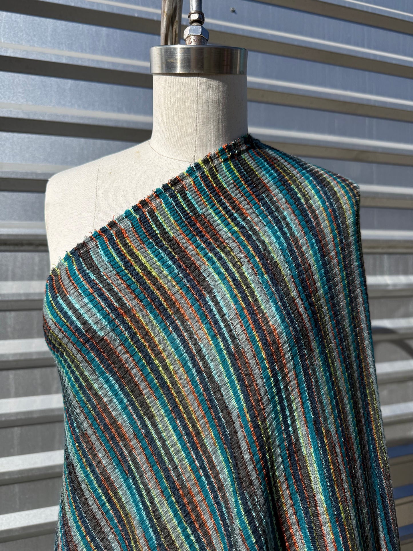 Aqua Blue Yellow Stripe Rib Hacci Sweater Rayon Knit “Totally Rad"