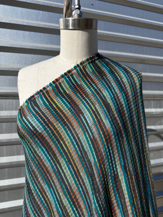 Aqua Blue Yellow Stripe Rib Hacci Sweater Rayon Knit “Totally Rad"