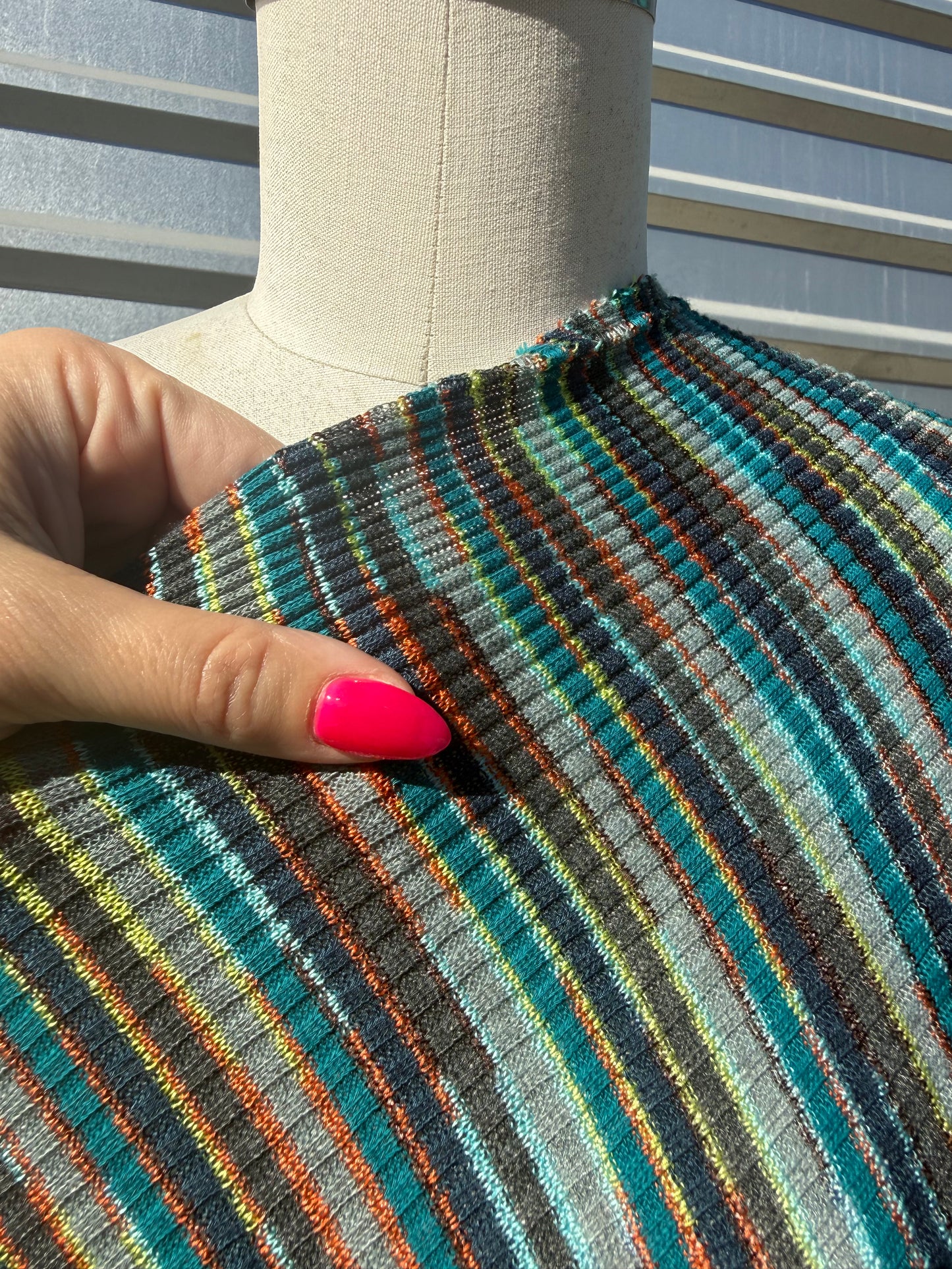 Aqua Blue Yellow Stripe Rib Hacci Sweater Rayon Knit “Totally Rad"