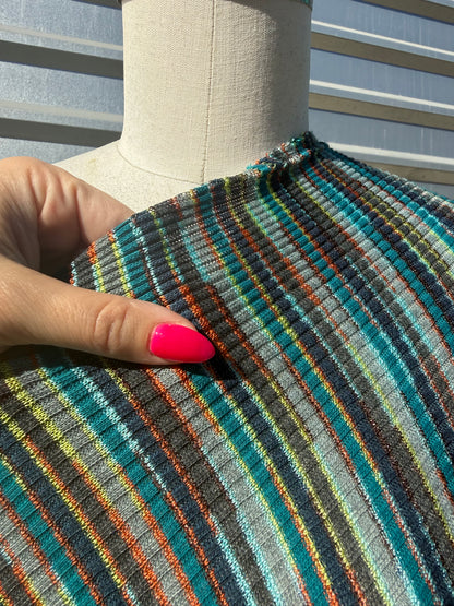 Aqua Blue Yellow Stripe Rib Hacci Sweater Rayon Knit “Totally Rad"