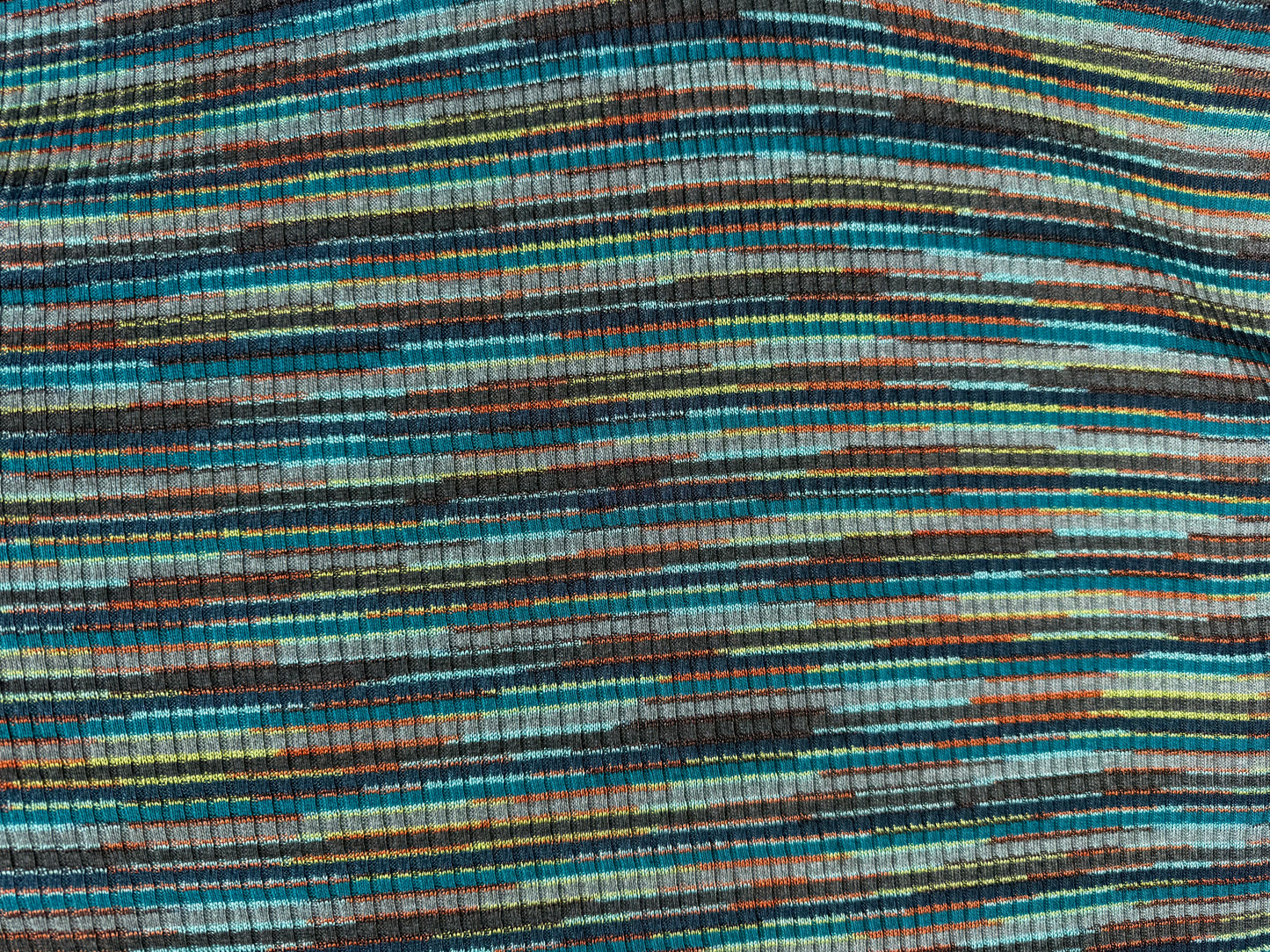 Aqua Blue Yellow Stripe Rib Hacci Sweater Rayon Knit “Totally Rad"