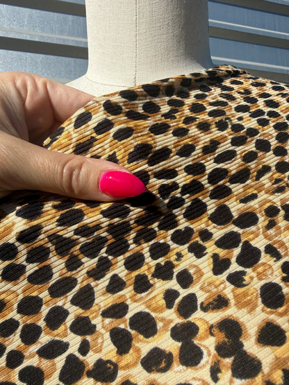 Gold Beige Black Leo 2x1 Rib Print Polyester Spandex Knit "Savy"