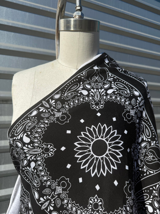 Black White Square Bandana Paisley Print Cotton Fleece Knit " Noir Cowboy"