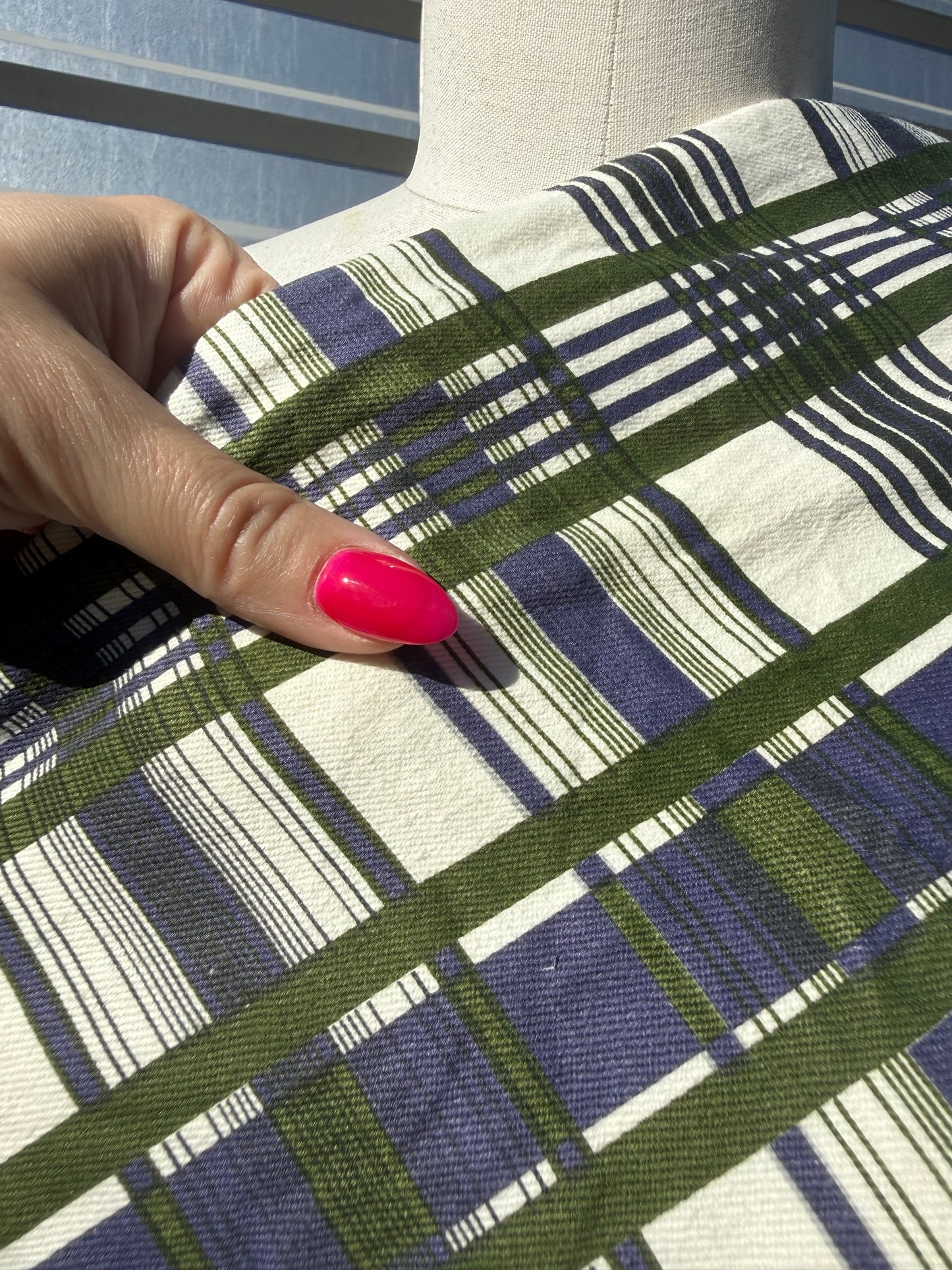 Green Blue White Plaid Printed Denim Cotton Twill "Logan"