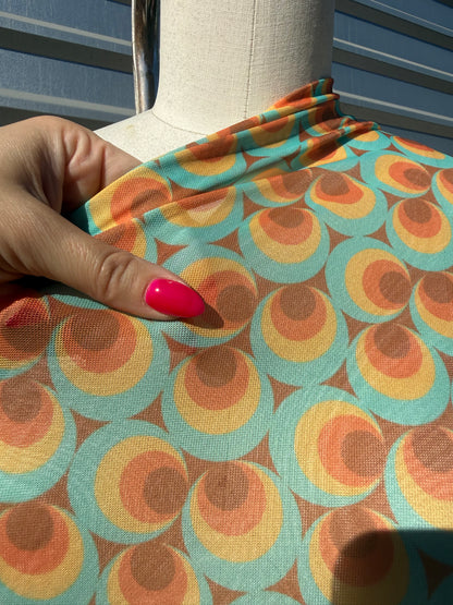Orange Brown Turquoise Retro Circle Micro Mesh Stretch Knit "Cafe 60's"