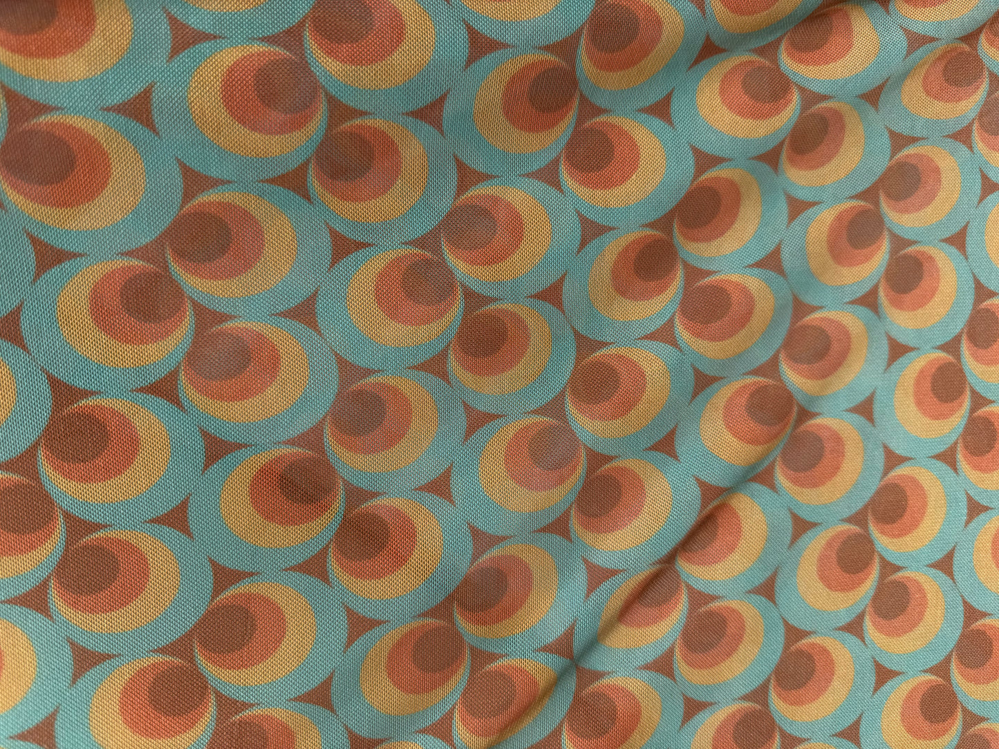 Orange Brown Turquoise Retro Circle Micro Mesh Stretch Knit "Cafe 60's"