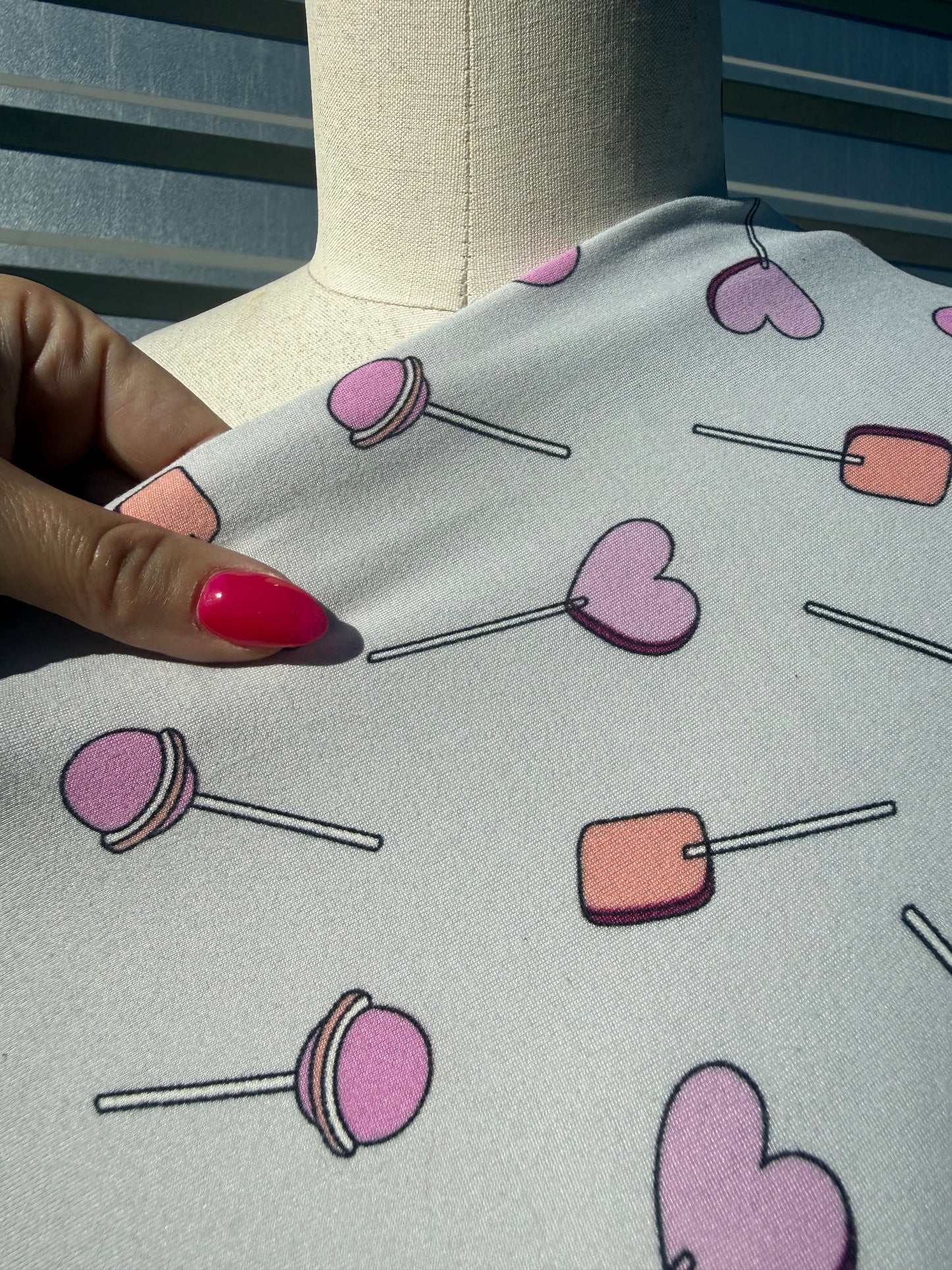 Grey Pink Lollipop Candy Print Polyester Spandex Knit "Sweet Tooth"