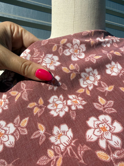 Rust White Floral Print Cotton Poplin Woven "Dakota Spring"