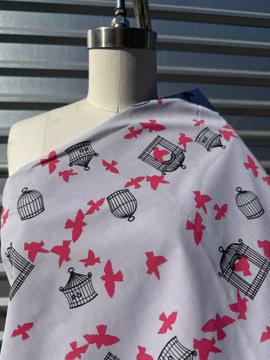 Grey Red Bird Cage Print Cotton Poplin Woven "Come As You Are"