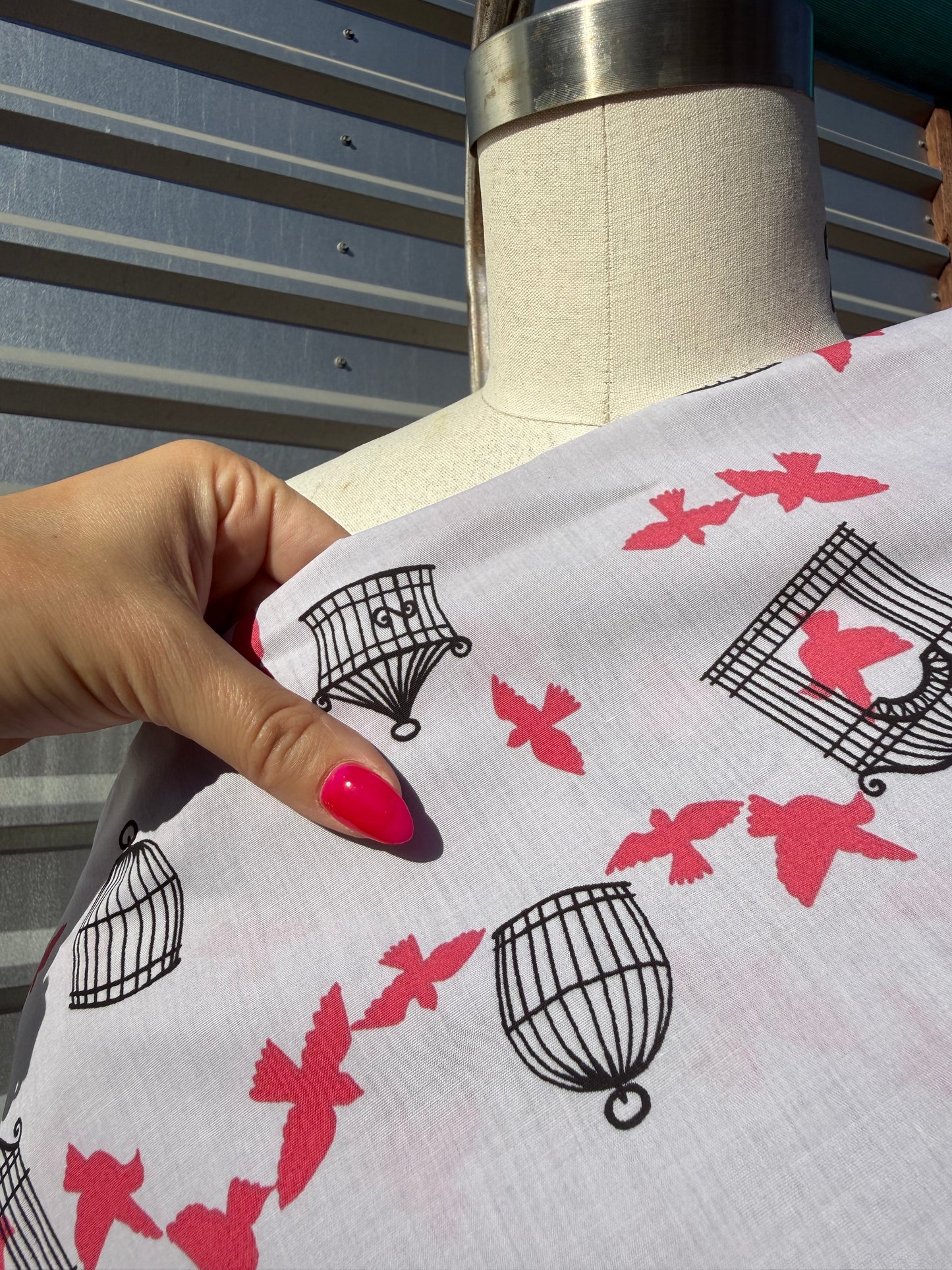 Grey Red Bird Cage Print Cotton Poplin Woven "Come As You Are"