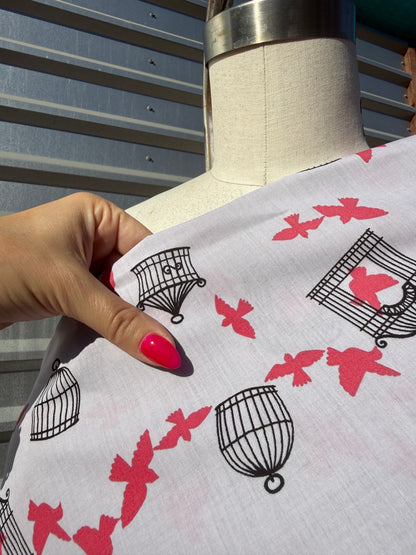 Grey Red Bird Cage Print Cotton Poplin Woven "Come As You Are"