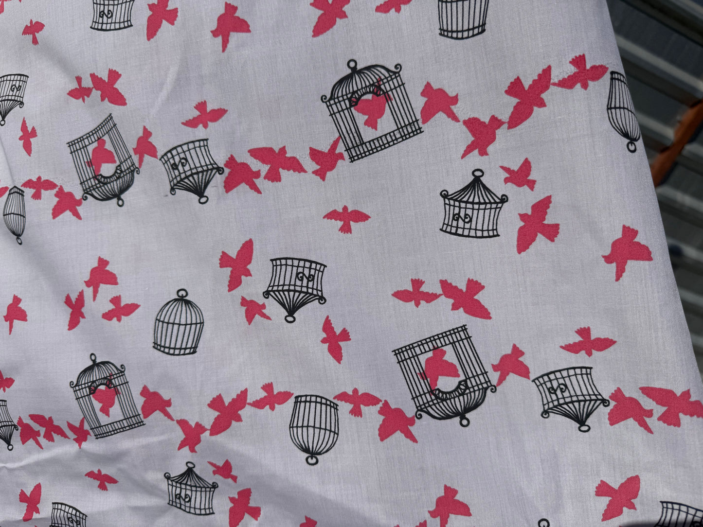 Grey Red Bird Cage Print Cotton Poplin Woven "Come As You Are"