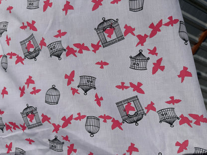 Grey Red Bird Cage Print Cotton Poplin Woven "Come As You Are"