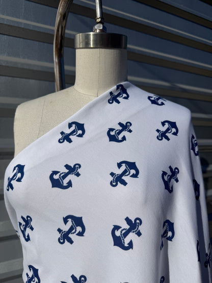 White Navy Anchor Print Cotton Spandex Interlock Knit "Drop Anchor"