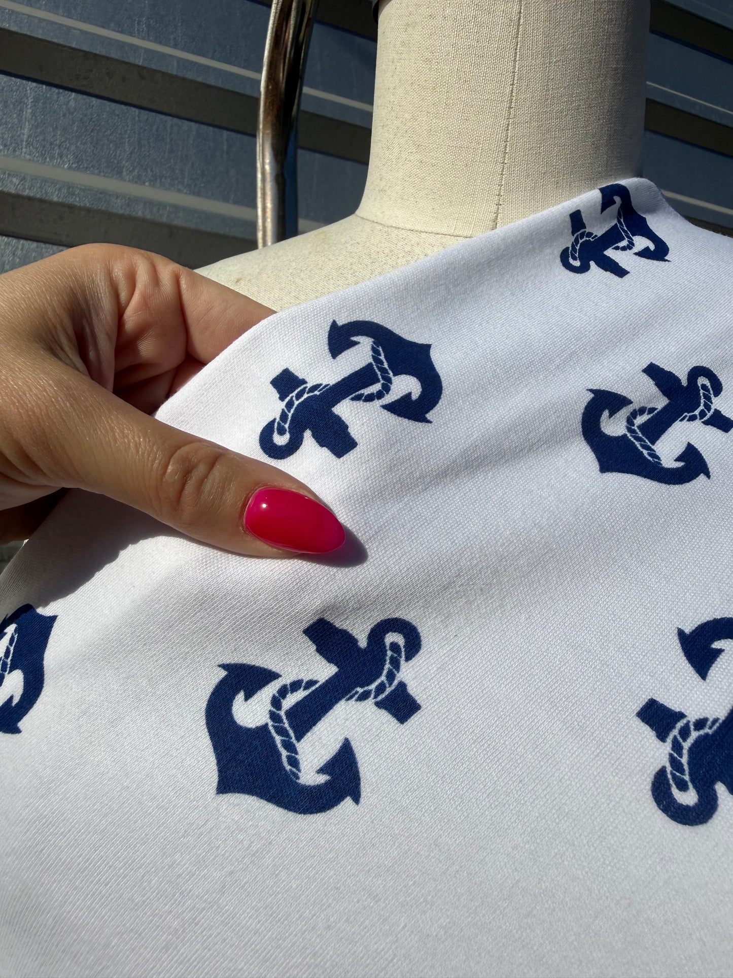 White Navy Anchor Print Cotton Spandex Interlock Knit "Drop Anchor"