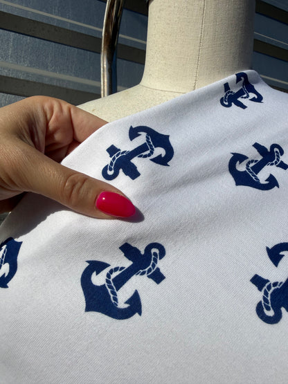 White Navy Anchor Print Cotton Spandex Interlock Knit "Drop Anchor"