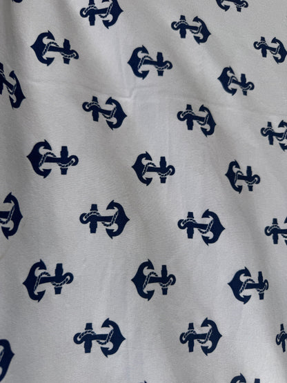 White Navy Anchor Print Cotton Spandex Interlock Knit "Drop Anchor"