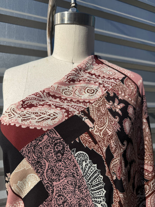 Burgundy Black White Quilt Paisley Print Rayon Crepe Woven "Laura on the Field"