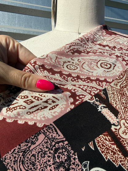 Burgundy Black White Quilt Paisley Print Rayon Crepe Woven "Laura on the Field"