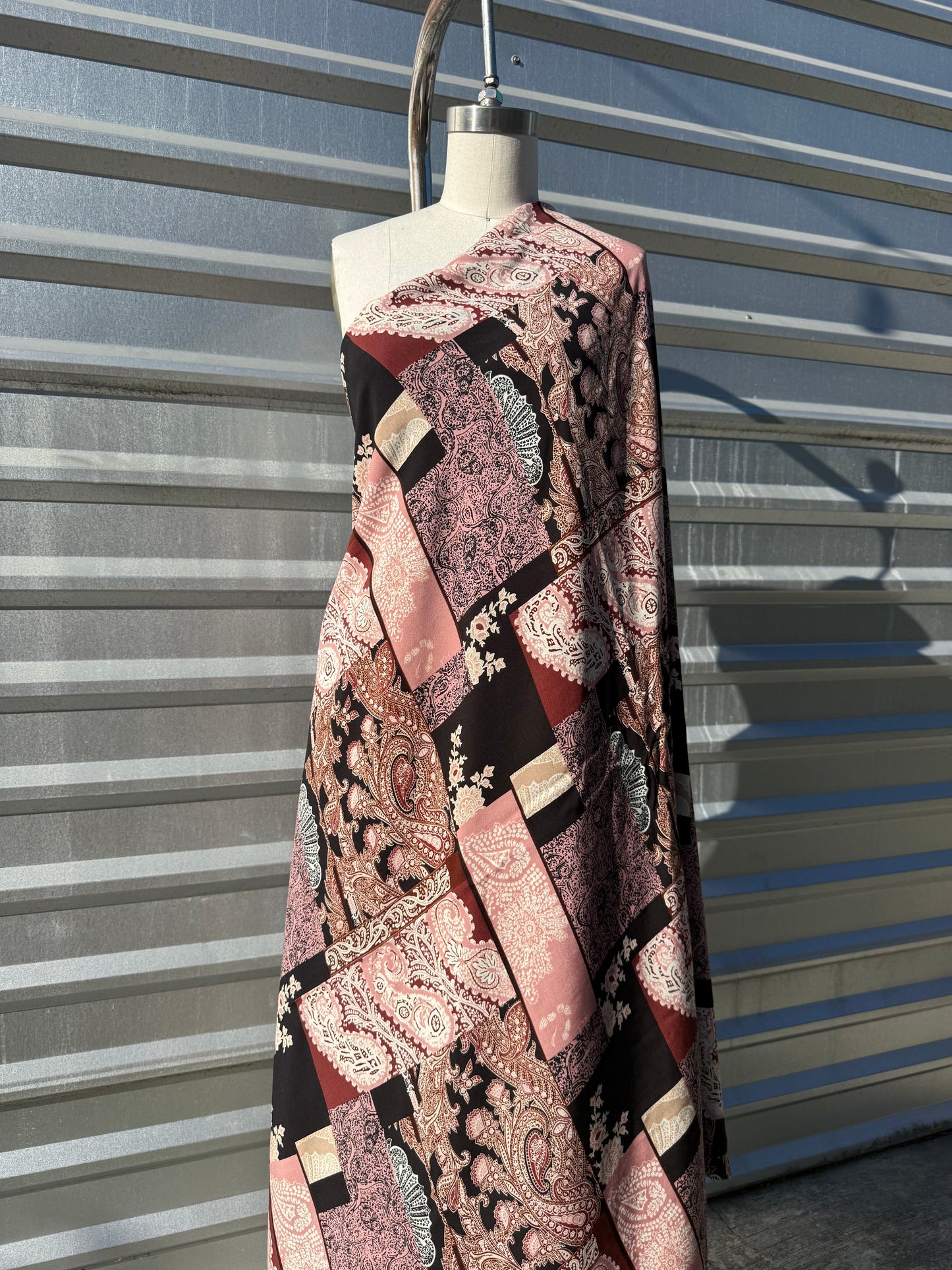 Burgundy Black White Quilt Paisley Print Rayon Crepe Woven "Laura on the Field"