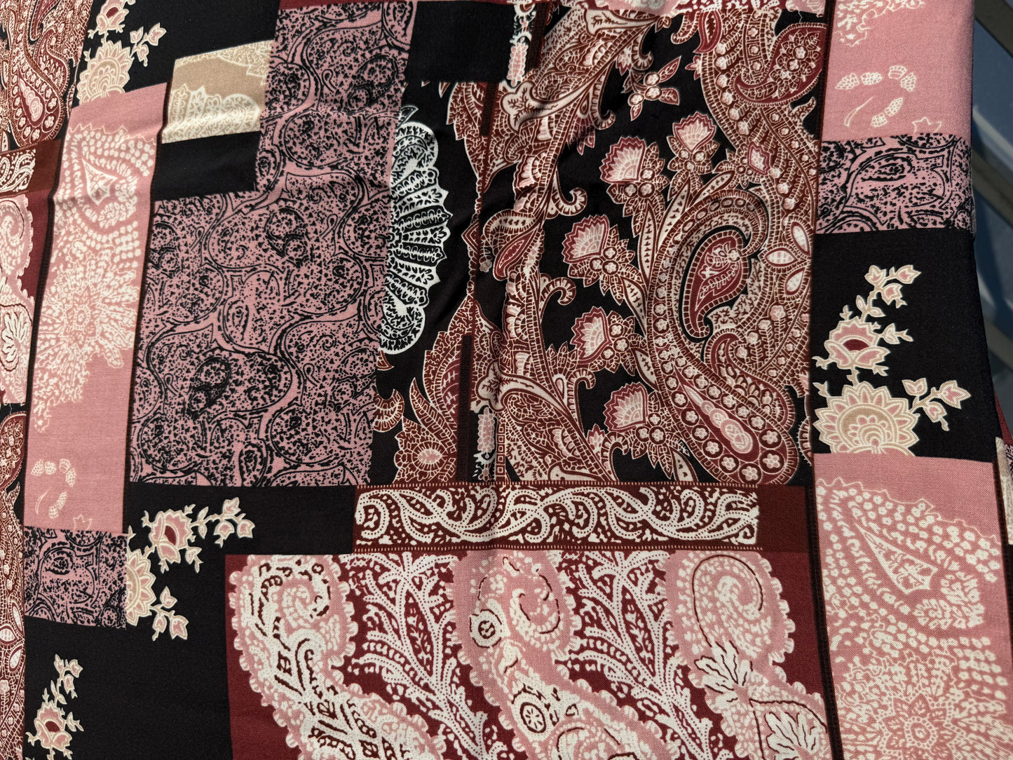 Burgundy Black White Quilt Paisley Print Rayon Crepe Woven "Laura on the Field"
