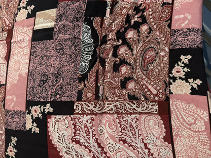 Burgundy Black White Quilt Paisley Print Rayon Crepe Woven "Laura on the Field"