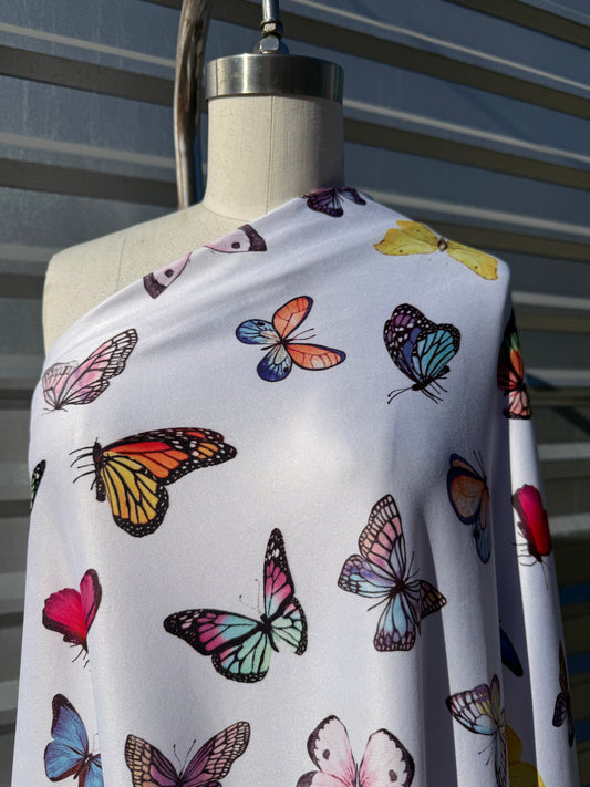 White Multi Color Butterfly Print Polyester Spandex Knit "Wings Unite"