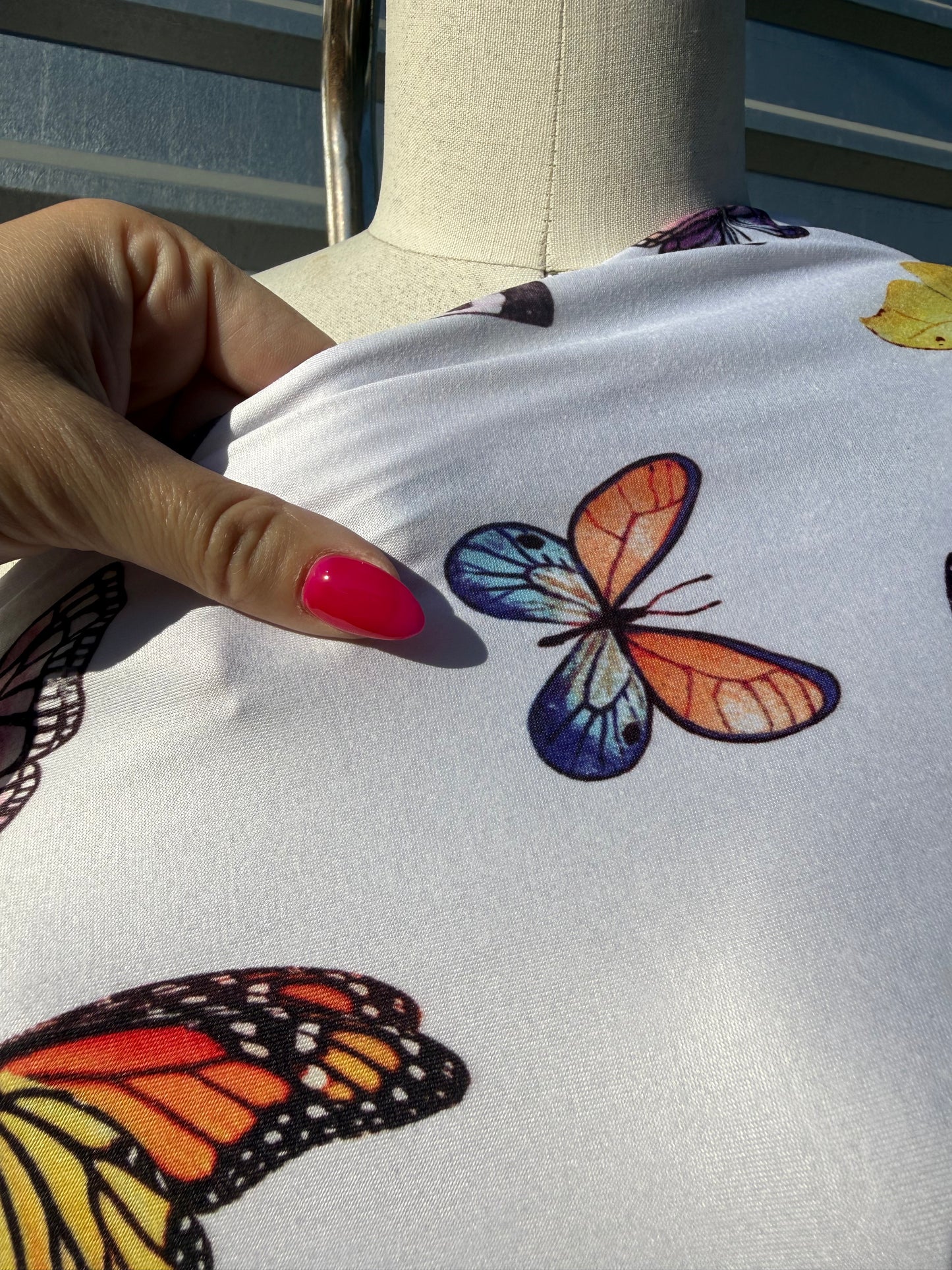 White Multi Color Butterfly Print Polyester Spandex Knit "Wings Unite"