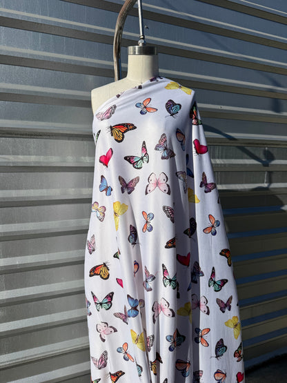 White Multi Color Butterfly Print Polyester Spandex Knit "Wings Unite"