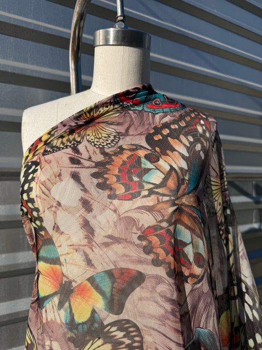 Brown Blue Yellow red butterfly Print Micro Mesh Knit "Festival Wings"