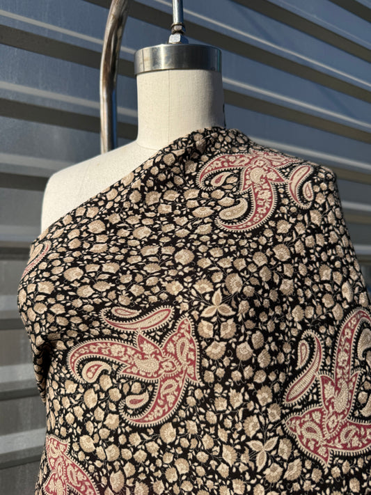 Black Beige Burgundy Paisley Print Rayon Crepe Woven "Annie Arizona"