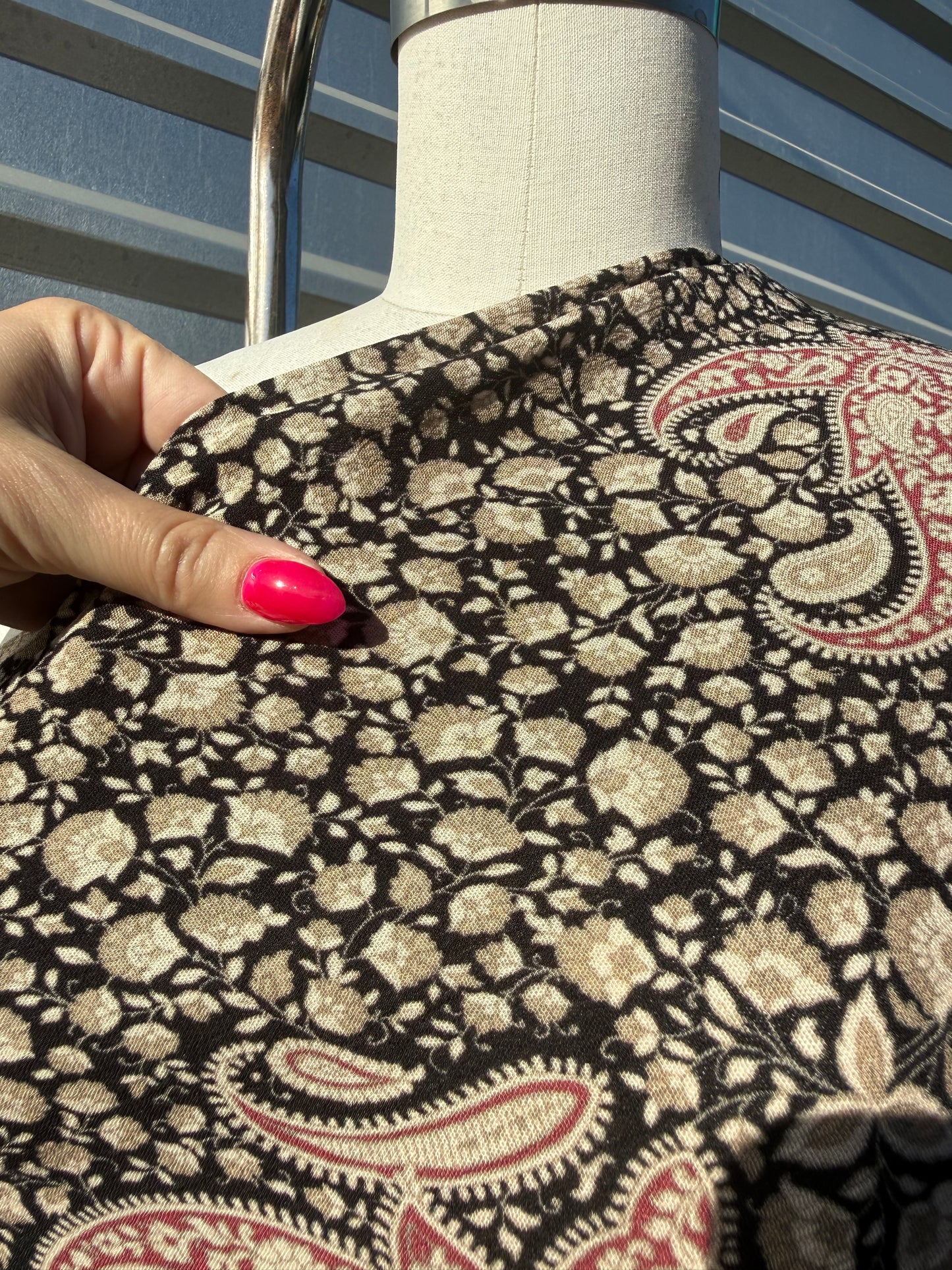 Black Beige Burgundy Paisley Print Rayon Crepe Woven "Annie Arizona"