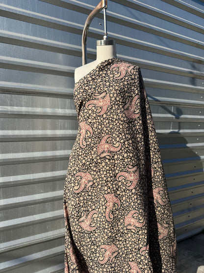 Black Beige Burgundy Paisley Print Rayon Crepe Woven "Annie Arizona"