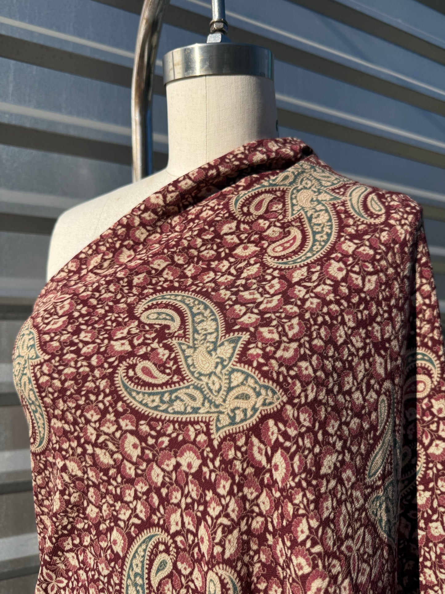 Burgundy Green Cream Paisley Print Rayon Crepe Woven "Santa Ana Sally"
