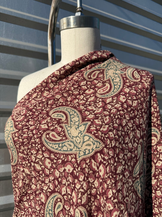 Burgundy Green Cream Paisley Print Rayon Crepe Woven "Santa Ana Sally"