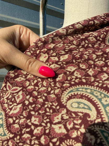 Burgundy Green Cream Paisley Print Rayon Crepe Woven "Santa Ana Sally"