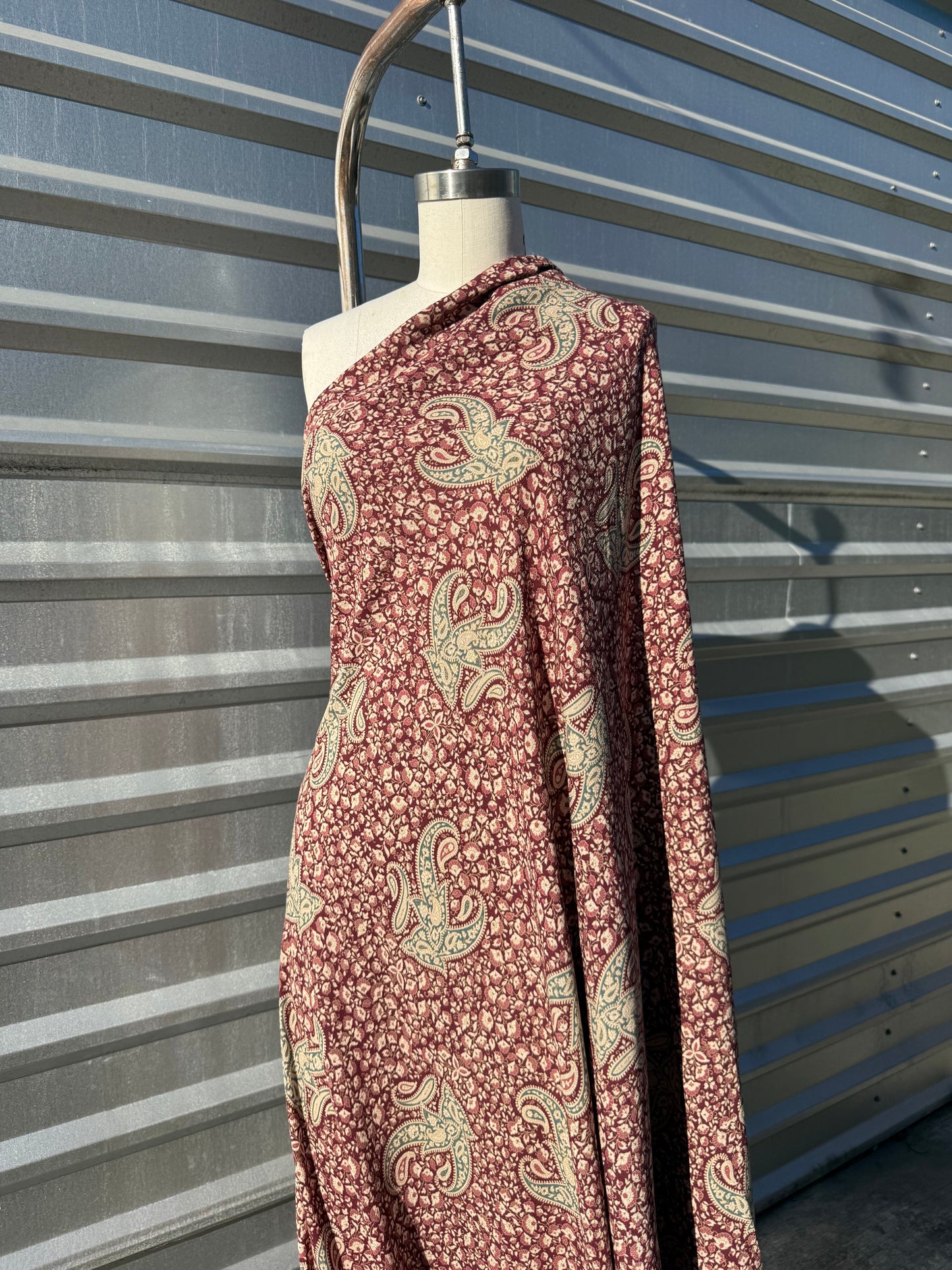 Burgundy Green Cream Paisley Print Rayon Crepe Woven "Santa Ana Sally"
