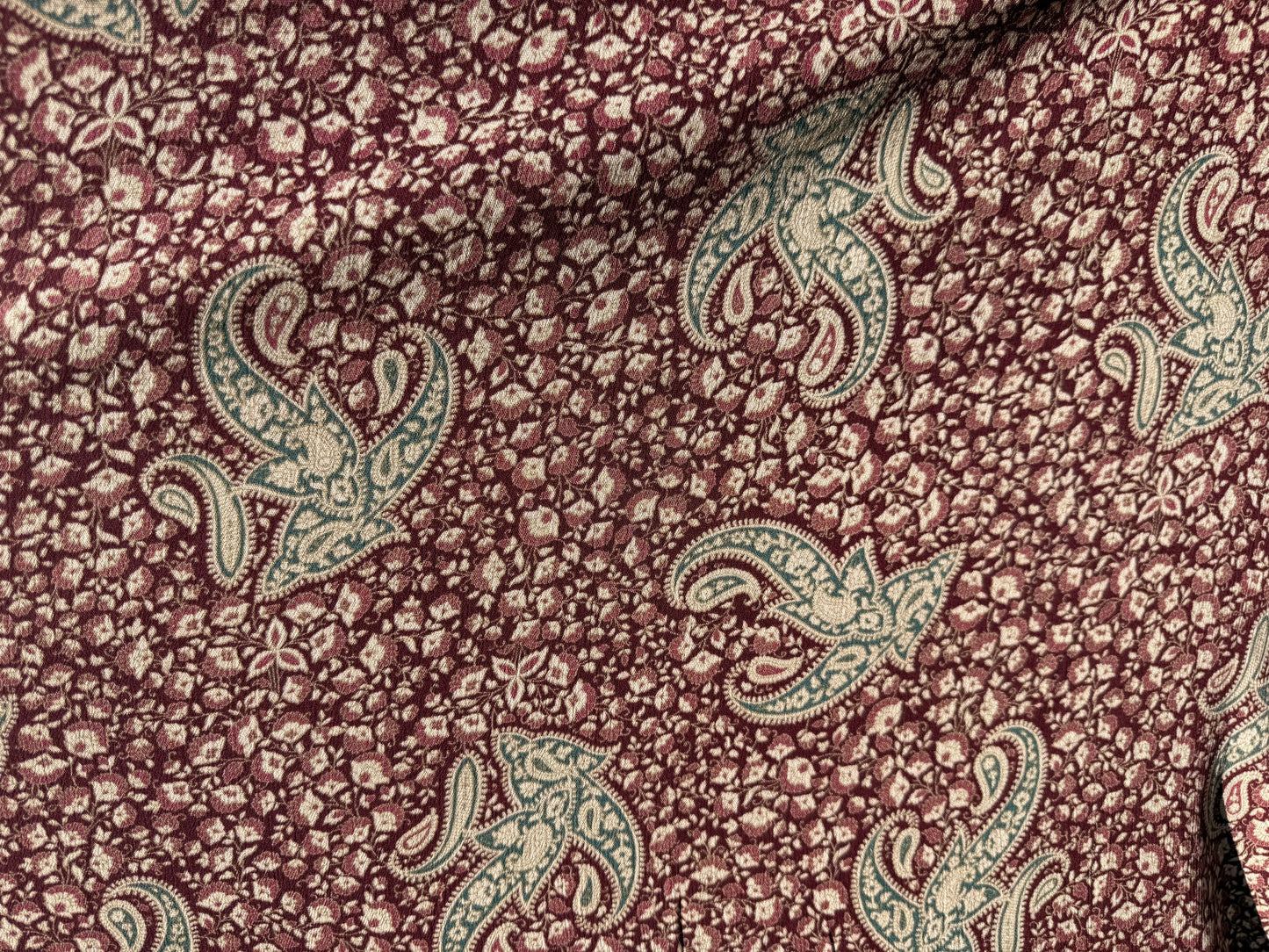 Burgundy Green Cream Paisley Print Rayon Crepe Woven "Santa Ana Sally"