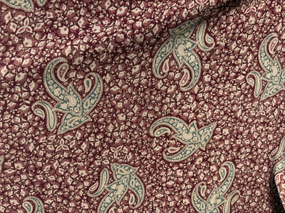 Burgundy Green Cream Paisley Print Rayon Crepe Woven "Santa Ana Sally"