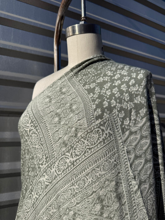 Sage Green White Paisley Print Rayon Crepe Woven "Sage Meadow"