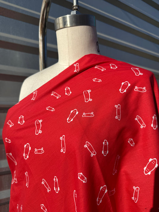Red White Skateboard Print Rayon Challis Woven "L8R SK8R"