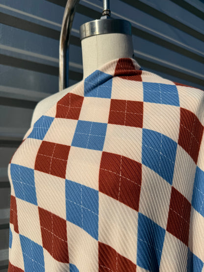 Brown Blue Argyle Plaid 2x1 Rib Print Polyester Spandex Knit "Dexter is Cute"