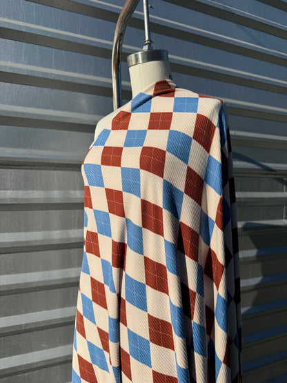 Brown Blue Argyle Plaid 2x1 Rib Print Polyester Spandex Knit "Dexter is Cute"