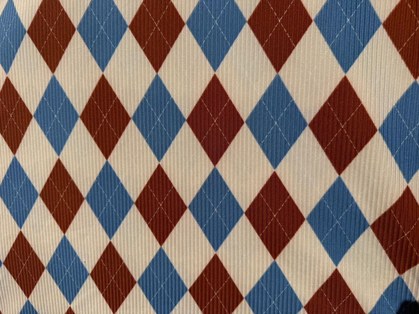 Brown Blue Argyle Plaid 2x1 Rib Print Polyester Spandex Knit "Dexter is Cute"