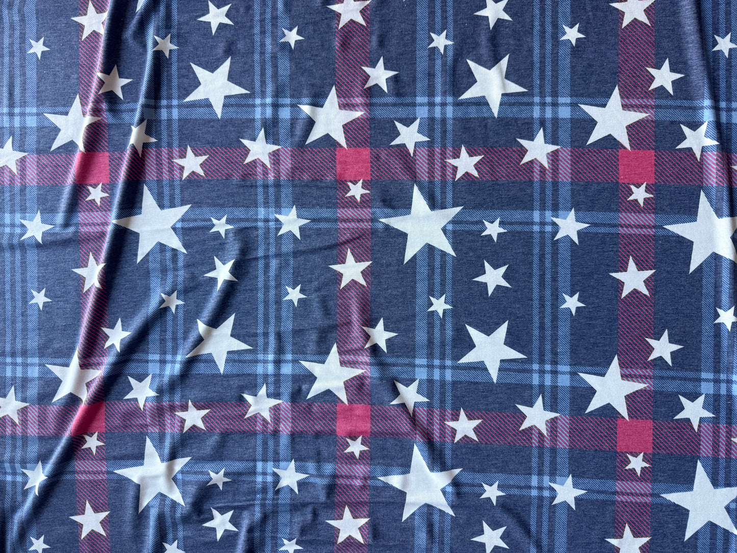 Blue Red White Plaid Star Print Rayon Spandex  Jersey Knit "July Picnic"