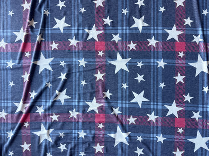 Blue Red White Plaid Star Print Rayon Spandex  Jersey Knit "July Picnic"