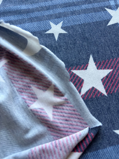 Blue Red White Plaid Star Print Rayon Spandex  Jersey Knit "July Picnic"