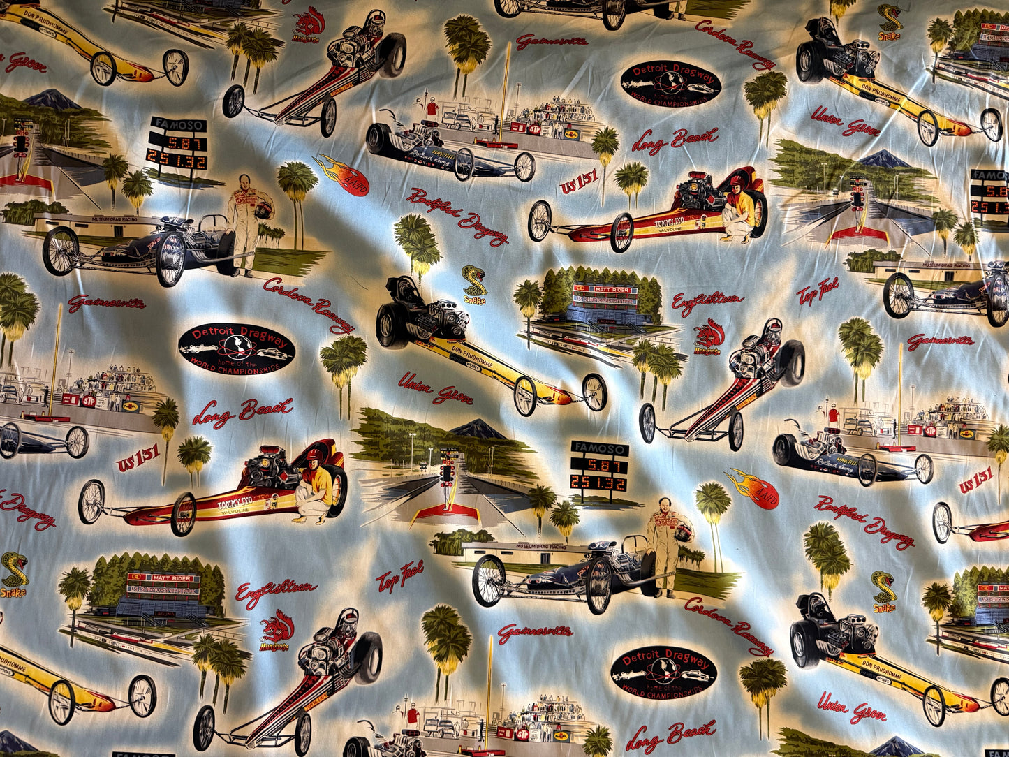 Blue Red Yellow Vintage Race Car Shirting Woven "Fast Track"