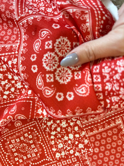 Red White Paisley Bandana Print Polyester Woven "Carter Cutie"