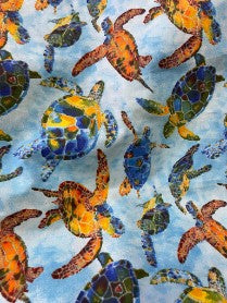 Blue Orange Sea Turtle Cotton Poplin Woven "Turtle Power"